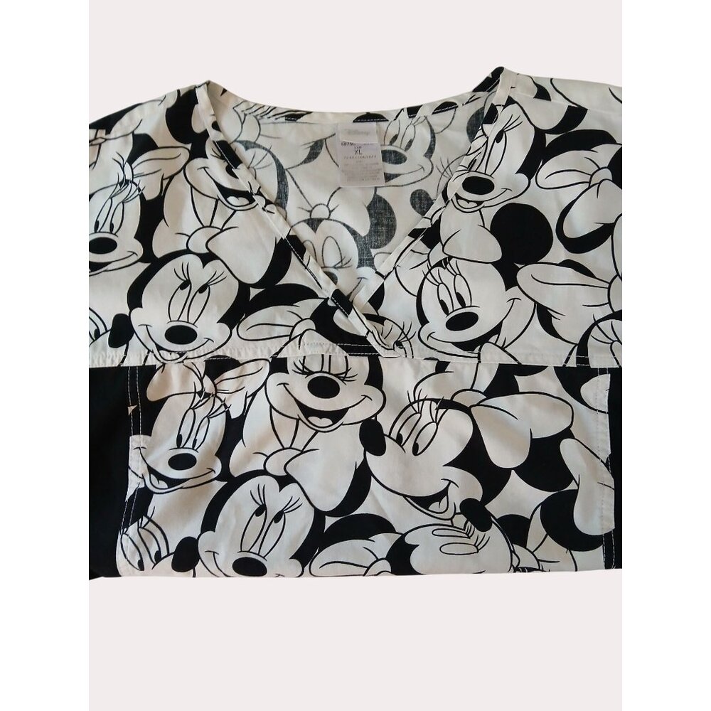 Disney Tooniforms Minnie Mouse Scrub Top Black White V Neck Side Panels XL - Picture 8 of 12